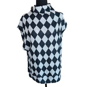 NWT Nally & Millie Black White Argyle Poncho Sweater S Travel Quiet Luxury Artsy